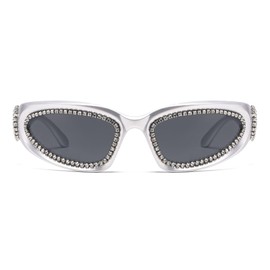 LJCZKA Y2K Wrap Around Rhinestone Sunglasses for Men Women Trendy Diamond Oval Sun Glasses Vintage Bling Punk Shield Shades UV400 Protection (Silver Grey)