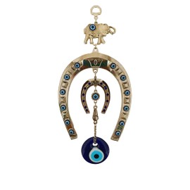 Erbulus Turkish Silver Horse Shoe Blue Evil Eye Wall Hanging Ornament with Elephant - Turkish Nazar Bead Amulet – Home Protection and Good Luck Charm (Large)