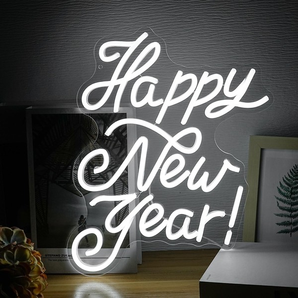 Happy New Year Neon Sign New Year LED Neon Lights Anniversary Decoration Neon Tube Dimmable Cool White Neon Light Signs Christmas Gift New Year Wall Art Light
