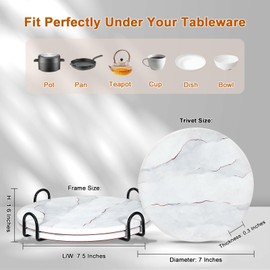 3-Pcs 7'' Ceramic Marble Style Trivet with Holder, Absorbent Trivets for Hot Dishes, Cork Bottom Anti-Slip Trivet Mats for Hot Pots and Pans