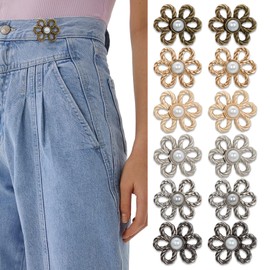 12 Sets Flower Waist Tightener Buttons, No Sew Adjustable Waist Buckles for Jeans, Pants, Skirts - Easy to Use Decorative Fasteners (6-Petal Design)