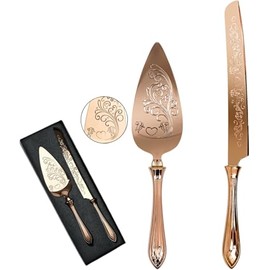 KSENDALO - Juego de cuchillos y servidores para tartas de boda, juego de corte de pasteles de oro rosa para boda, juego de cuchillos y servidores de pasteles de acero inoxidable SUS304 para bodas
