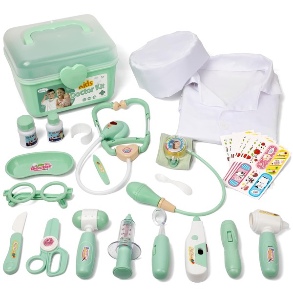 Liberry Doctor Kit for Toddlers 3 4 5 Years Old, 30-Piece Kid Doctor Toy with Stethoscope, Costume, Green Medical Pretend Play Gift for Girls Boys