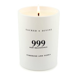 Sacred + Divine 999 "New Beginnings Scented Intention Candle, Tuberose and Tonka, Angel Number Manifestation Candle, Soy Coconut Aromatherapy Candle with 80 Hour Burn Time