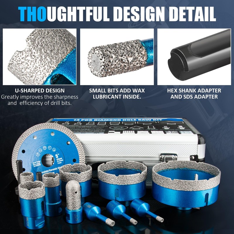 Diamond Tile Hole Saw Kit - 14 PCS Set Including
