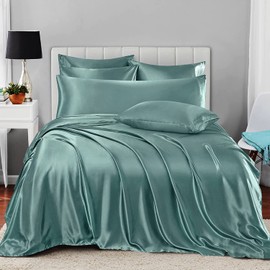 Homiest 7pc Satin Sheets - California King Size Bed Set, Greyish Green Bedding, 1 Deep Pocket, 1 Flat, 4 Pillowcases, 1 Body Pillowcase