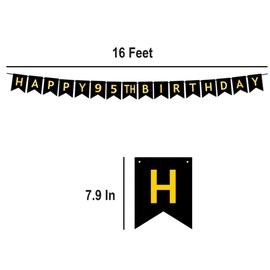 HAPPY 95TH BIRTHDAY Banner, Pre-Strung, Black Gold 95th Birthday Party Decorations, Happy 95 Year Old Bday Party Bunting, Ninety-five Birth Flag