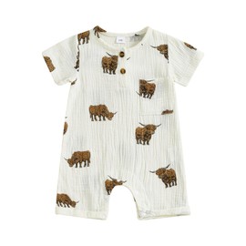 Newborn Baby Boy Western Clothes Cute Cow Short Sleeve Romper Jumpsuit Bodysuit Cowboy Summer Outfit (A-Beige, 3-6 Months)