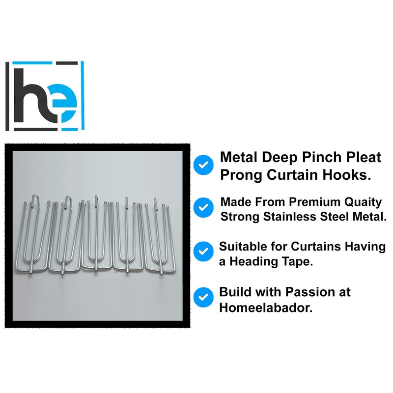 Pack of 20 Metal Deep Pinch Pleat Prong Curtain Hooks