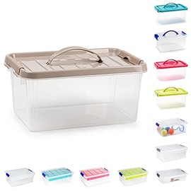 Plastic Storage Box Lightweight Robust Stackable Storage Boxes with Lid, Clear Latch Boxes, Plastic Organiser, Space Saving Solution for Home Office (3.5L - Taupe Lid with Handle)