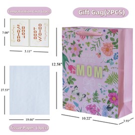 2 Pack 13" Large Mother's Day Gift Bags - Floral Butterfly Design with White Bow, "Best Mom Ever" Pink Gift Bags for Mom, Grandma, Nana - Includes 4 Tissue Papers & 2 Greeting Cards