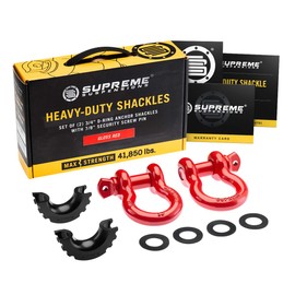 Supreme Suspensions Off-Road Recovery Gear - Heavy-Duty 3/4" D-Ring Shackles with 7/8" Screw Pins & Isolators (2 Pack - Red) - 41,850lbs MAX Break Strength - Mystery Box Included with Purchase