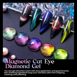 MIZHSE Reflective 9D Cat Eye Gel Nail Polish, Glitter Magnetic Gel Polish Set with 2 Magnet Sticks, Chameleon Magic Effect Holographic Cateye Nail Gel Soak Off Nail Art Gift