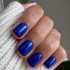 Bellelfin 240pcs Short Press on Nails Jewel Blue Full Cover Short Square Glossy Fake Nails Acrylic Artificial False Nail Tips with 5 Sheets Adhesive Glue Tabs for Women and Girls