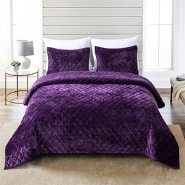 Fredsure Distressed Velvet Quilt Set, 3 Pieces Purple Queen, Distressed Velvet Face and Brushed Microfiber Reverse with Diamond Quilting