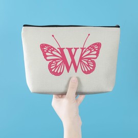 AOZHUO Initial Makeup Bags for Women Lined Monogram Cosmetic Bag Birthday Gifts for Women Girls Bridesmaid Best Friends Sisters, Travel Toiletry Bag, Pink Butterfly Letter W