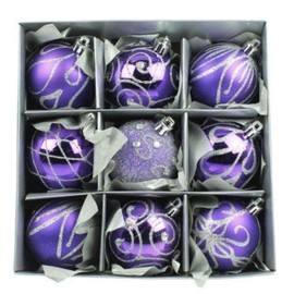 Quality SET OF 9 - PURPLE/SILVER Glitter Pattern - Matt/Shiny Shatterproof Christmas Tree Baubles - 6cm