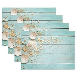 Placemats Set of 4, Summer Beach Seashell Non Slip Heat Resistant Linen Fabric Cotton Cloth Place Mats, Blue Wood Board Square Washable Holiday Party Dining Table Mats for Coastal Home Kitchen Decor