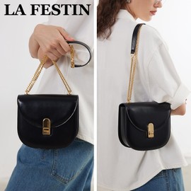 LA'FESTIN Small Leather Shoulder Bag For Women: Crossbody Purse With Chain Strap, Classic Lady Cross Body Bag, Women's Bag (Black)