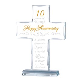 YWHL Happy 10 Year Anniversary Glass Cross Gifts for Wife, 10th Anniversary Cross Gifts, 10 Year Wedding Anniversary Religious Gifts for Couple, Glass Cross Keepsake for 10th Anniversary Decorations