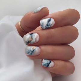 Square Press on Nails Short White Fake Nails with Blue Wavy Design Gold Foil Glue on Nails Glossy Full Cover False Nails Artificial Acrylic Nails for Women