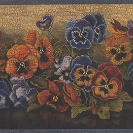 Concord Wallcoverings Wallpaper Border Floral Pattern Garden Flowers Mixed Colors Pansies for Living Room Bedroom, Dark Blue Red Yellow Purple Orange, 7 Inches by 15 Feet GG54021B