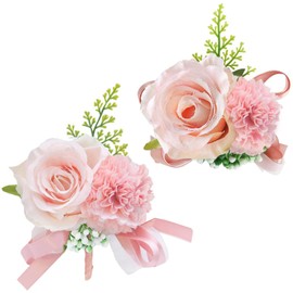 MOJUN Wedding Wrist Corsage Boutonniere Set Artificial Rose and Handmade Silk Bride Wrist Corsage and Men Boutonniere Set for Wedding Flowers Prom Decor (2 PCS,Pink)