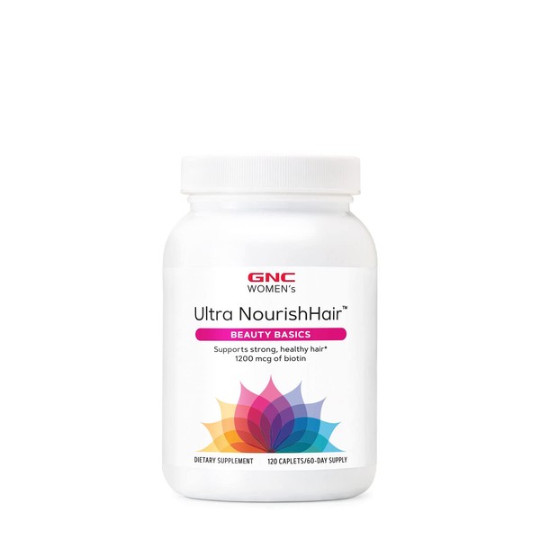 GNC Women's Ultra NourishHair Vitamins | Supports Healthy Hair, Skin and Nails | Biotin with Vitamins C, E and Zinc | Daily Supplement | 120 Caplets