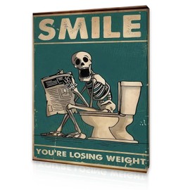 Qiukoo Wall Art Funny Skeleton Picture for Toilet – Framed Bathroom Sign with Hooks, Waterproof and Moisture-Resistant Artwork, Humorous Bathroom Decor Gift, 12x16 Inch