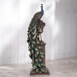 Veronese Design 13 5/8 Inch Peacock Perching On Column Vase Cold Cast Resin Bronze Finish Sculpture Animal Home Decor Statue