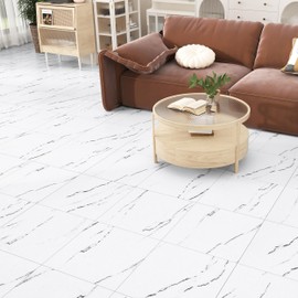 Wallercity Bathroom Marble White Peel and Stick Floor Tile Vinyl Flooring Tile for Kitchen 12''x12'' Non-Slip Shower Sheets Stick on Floor Tiles 5PCS Thick Waterproof Marble Tiles for Bedroom Corridor