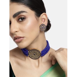 Aheli Pearl Diamond Gargantilla Collar con pendientes redondos para mujeres niñas Conjunto de joyería de moda tradicional tradicional india de Bollywood (azul-1)