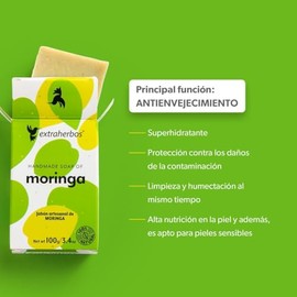 Extraherbos Jabón Artesanal de Moringa 100g, Limpiador Facial Natural Anti-Envejecimiento e Hidratante, Con hoja de Moringa y Aceite de Coco, para pieles secas y sensibles, uso de día y de noche, 100% natural
