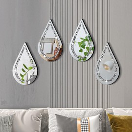 Yookeer 4 Pcs Silver Mirror Wall Decor Tear Drop Diamond Mirrors 11.8 x 6.7 Inches for Living Room Bedroom Bathroom Wall Decoration
