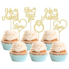 Gyufise He Asked She Said Yes Cupcake Toppers - Anillo de diamantes con purpurina dorada para decoración de tartas de amor, corazón, para boda, compromiso, fiesta, decoración de pasteles, paquete de