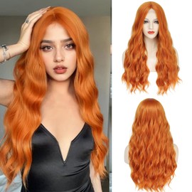 YBYMCAI Long Orange Wavy Wigs for Women Middle Part 26 inch Natural Curly Synthetic Wig Heat Resistant Fiber Wigs for Daily Party Use