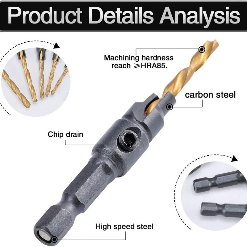 5 PCS Countersink Drill Bit Set, #5, #6, #8, #10,