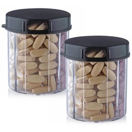 Round Pill Dispenser - 2 Pack - 4 Compartment Pill Boxes for Medication, Vitamins & Supplement Bottles, Daily Pill Box, Reminder Box (Black and Transparent)