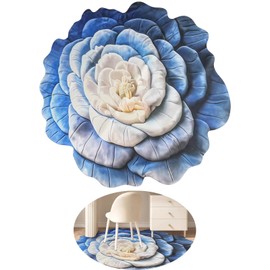 Hikiwin Flower Design Round Area Rugs,Absorbent Quick Dry Kitchen Rugs,Washable Decorative Irregular Bedroom Rug, Anti Slip Flower Rug,Blue,47x47 Inches,1 Piece