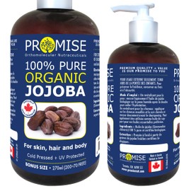 Promise Orthomolecular Nutraceuticals 270ml (9oz) ORGANIC JOJOBA Oil 100% Pure Moisturizing Oil, skin, hair and body, Unrefined Hexane Free, Natural Cold Pressed + UV Protected, Certified Organic, Made in Canada (270ml)