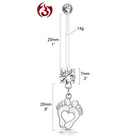 Forbidden Body Jewelry 14G 1" Pregnancy Bioflex Adjustable & Flexible Dangle Baby Feet CZ Maternity Belly Button Ring, Bioflex, cubic-zirconia