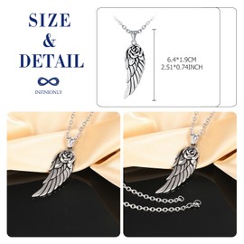 INFINIONLY Creative Women's Wings Stainless Steel Necklace Fashion Angel Wings Rose Chain Pendant with 55 cm Chain Fashion Teenager Jewellery Decoration 6.4 x 1.9 cm Pendant, Stainless Steel