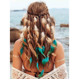 Zoestar Boho Feather Headband Indian Tribal Headpiece Feathers Tassel Hippie Headdress Festival Costume Hair Accessories for Women and Girls (C)
