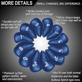 Golf Club Headcovers Iron Synthetic Leather Deluxe Value 12 Pack Color Blue, Golf Head Covers with Number Printed Durable Light Universal Fit All Brands Iron Clubs (Blue)