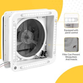 Pafessa 14” RV Roof Vent Fan w/LED Light - 4 Speed Reversible 12V Deluxe RV Electric Open Roof Vent, Touch On-Off, Speed Controls, Manual White Dome