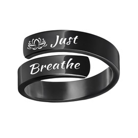 Just Breathe Lotus Ring for Women Adjustable Stainless Steel Inspirational Hope Rings Best Friends Birthday Jewelry Gift (Black)