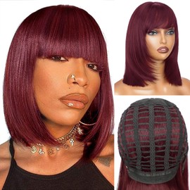 Starmo Short Glueless Wigs Burgundy Bob Wigs 12 Inch For Women Natural Hair Wigs With Bangs