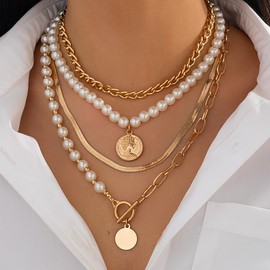 Xerling Gold Layered Necklace Coin Pendant Toggle Necklace Faux Pearl Choker Snake Herringbone Chains Boho Link Necklaces for Women