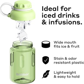 BOBBER 20 oz Tritan Water Bottle with Ice Strainer & Strap — BPA Free, Leak Proof & Dishwasher Safe Wide Mouth Hard Plastic Water Bottle — Stylish Plastic Water Bottles for Women, Men, Workout (Green)