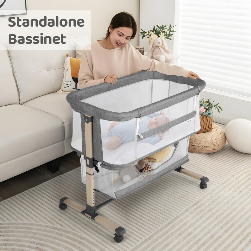 Cowiewie Bassinet Bedside Sleeper, Portable, Breathable, Adjustable Baby Bedside Bassinet